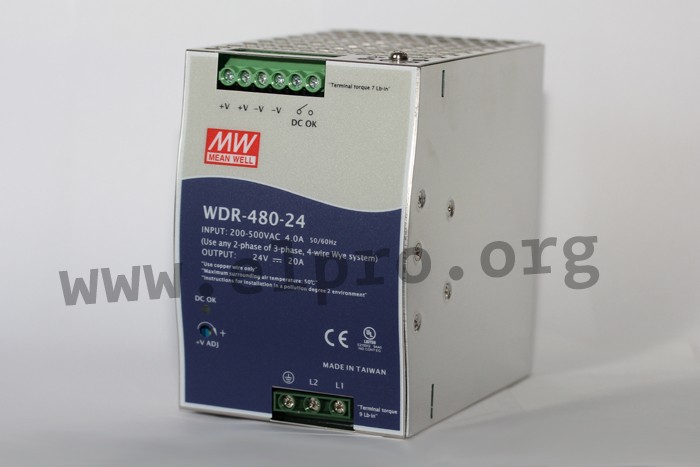 Mean Well DIN Rail Switching Power Supplies 480W 2 Phase Input WDR