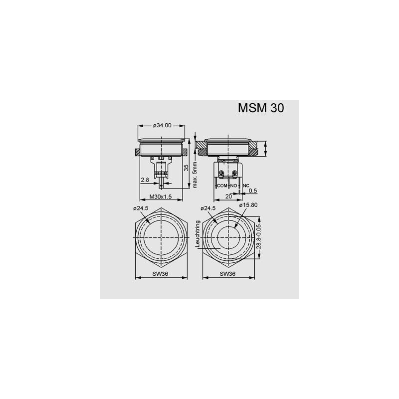 1241.6661.1120000 Schurter Drucktaster, für Ø16 bis 30mm Ausschnitt