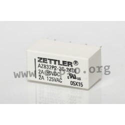 AZ832P2-2C-24DSE, Zettler PCB relays, 3A, 2 changeover contacts, AZ832 series