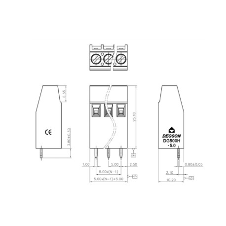 DG500H-5.0-25A-03P-14-00AH, Degson terminal blocks, pitch 5mm, 24A, screw principle, DG500H series