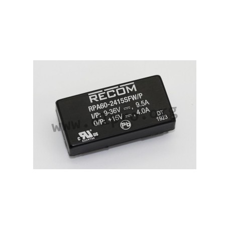 RPA60-2412SFW/P, Recom DC/DC converters, 60W, 2"x1", RPA60-FW series